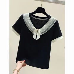 2024 Summer New Pure Cotton Lace Spliced V-neck Bright Line Decoration Fashion Commuter Contrast Color Short Sleeve Women's Tops