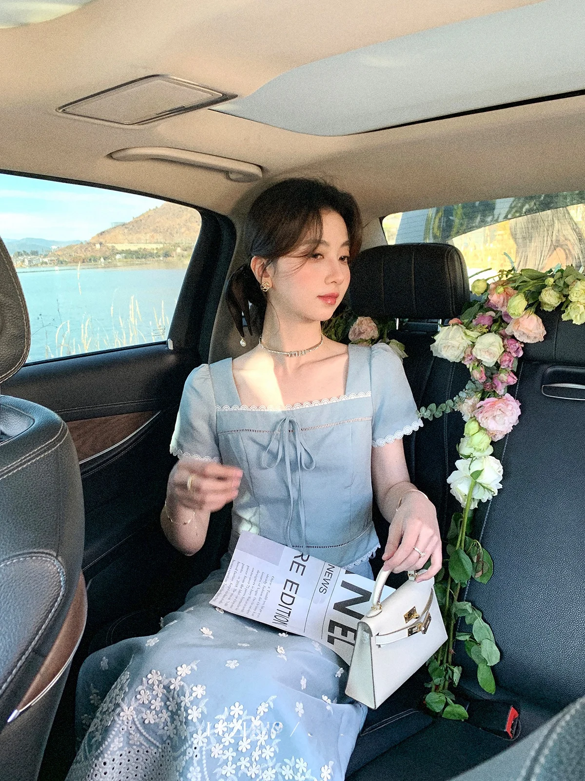 

Blue Square Collar ort Sve irt And Skirt Set Women's Summer Outfit Breathable Medium Thin Non-Fur Lined Casual El...