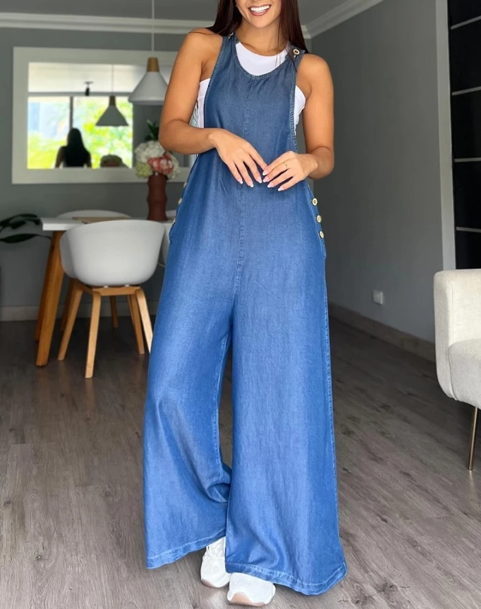 Jumpsuit Women 2024 Summer Fashion Denim Look Print Button Casual V-Neck Sleeveless Loose Daily Wide Leg Suspender Jumpsuit