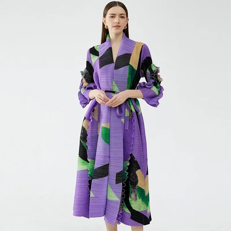 Miyake Pleated Turn-down Collar Petal Sleeve Dress Belt Women 2023 Spring New Original Designer Violet Printed Plus Size