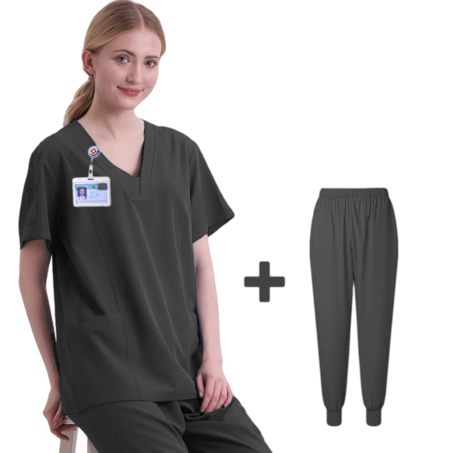 Uniformes Médicos das Mulheres, Conjuntos Elásticos, Vestidos Cirúrgicos Hospitalares, Tops de Manga Curta, Calças, Acessórios de Enfermagem, Roupas Médicos