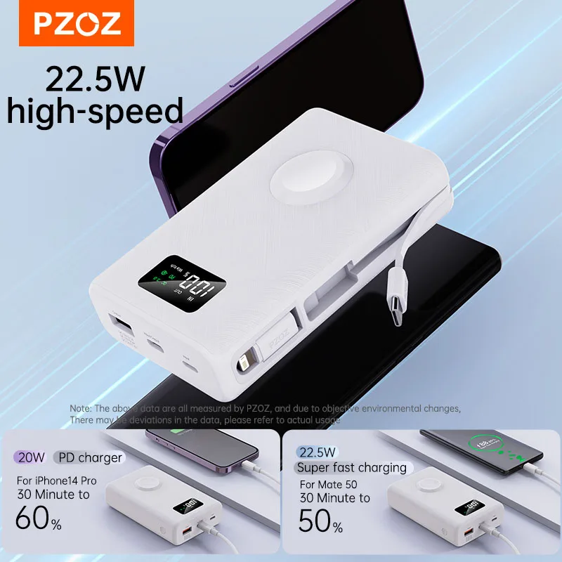PZOZ 22.5W Power Bank 20000mAh Portable Type C QC PD Fast Charging Powerbank External Battery For iPhone iWatch Wireless Charger