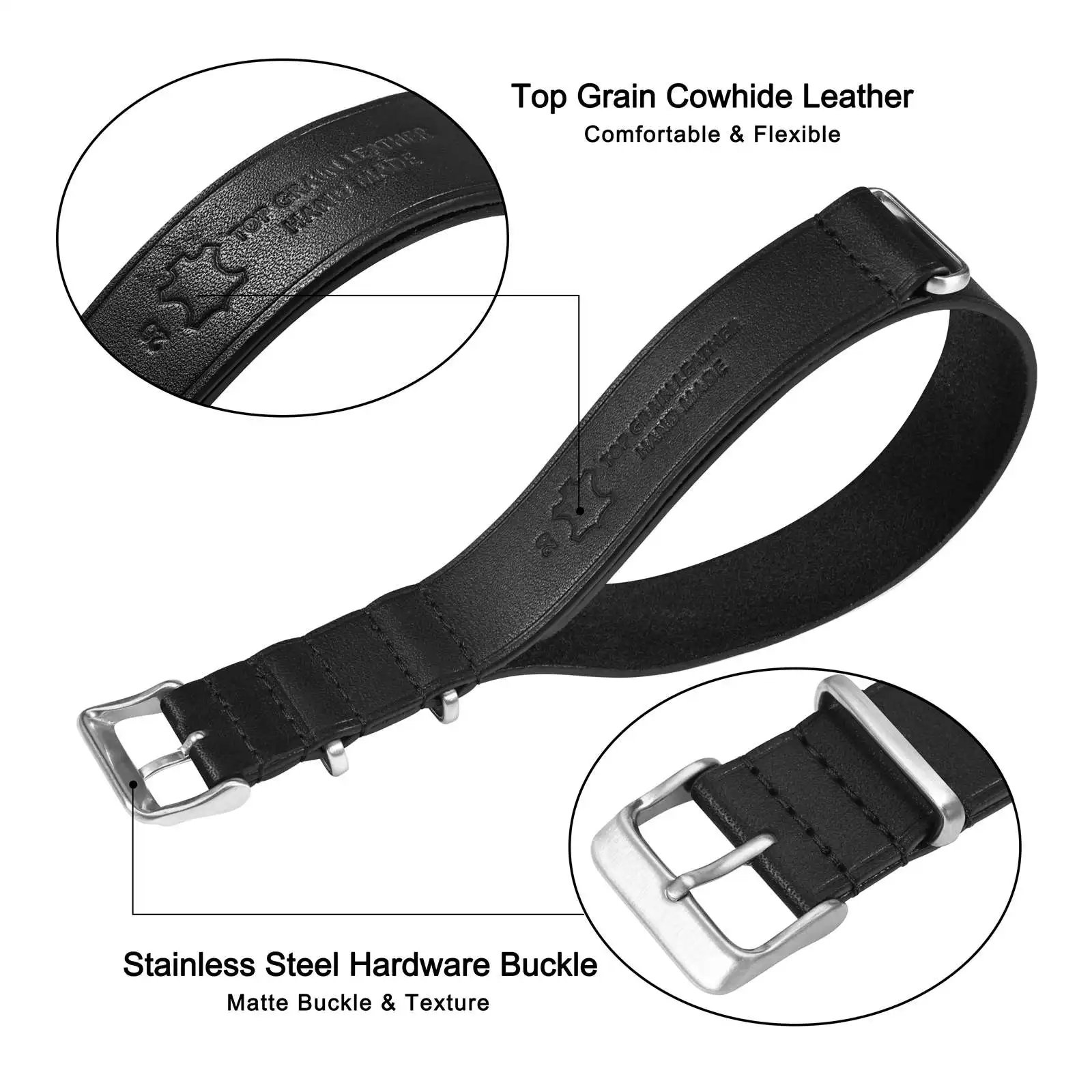 ANNEFIT Leather Watch Band 18mm 20mm 22mm, Genuine Calfskin One-Piece Military Watch Straps for Men and Women Black Brown Blue