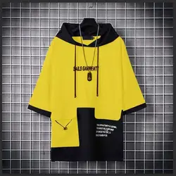 Summer T-shirt Men Oversized Short Sleeve Print T-shirt Hooded Casual Patchwork Sports Fitness Men Women T-shirt Plus Size Tops