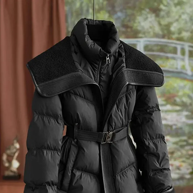 Double-Layer Collar Down Cotton-Padded Jacket Women's Short Overcoat Winter New Lamb Wool Warm Parka Waist Casual Cotton Jacket