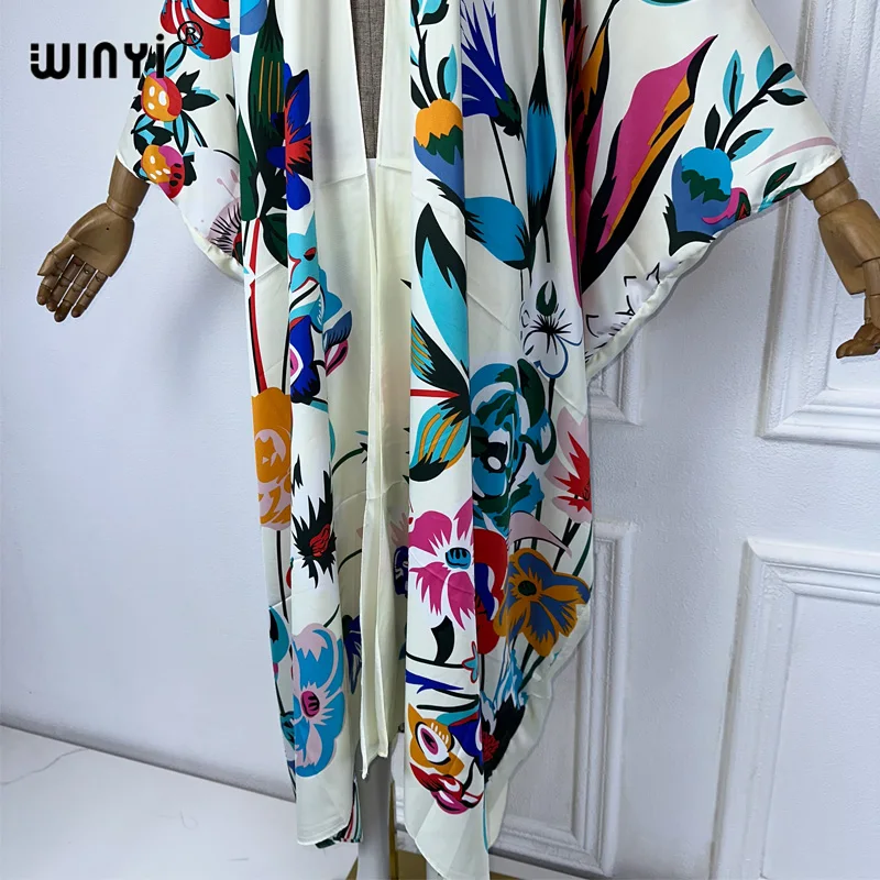 WINYI moda letnia plaża Boho kwiatowy nadruk Cover Up sweter eleganckie wakacyjne Kimono stroje plażowe kobiety sukienka kaftan