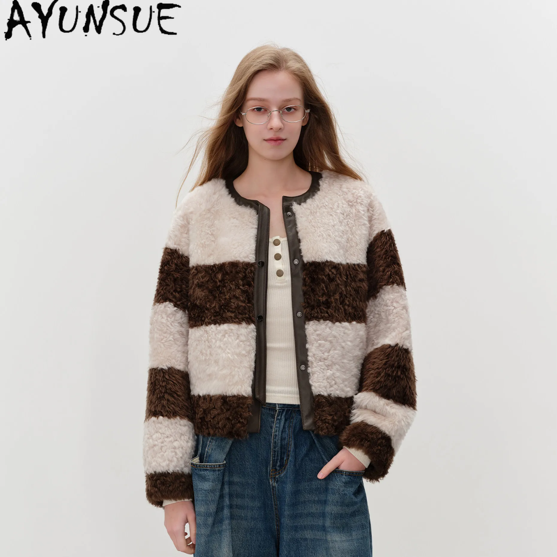 

AYUNSUE Natural LACON Sheepskin Fur Coat Winter Clothes Real Leather Jacket Woman Striped Loose Fit Womens Coats Пальто Женское