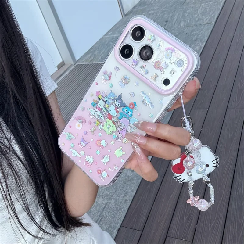 

Cute Characters Phone Case with Hello Kitty Beaded Chain For iPhone 17 16 15 Pro Max Pink Clear Protective Cover For Girls