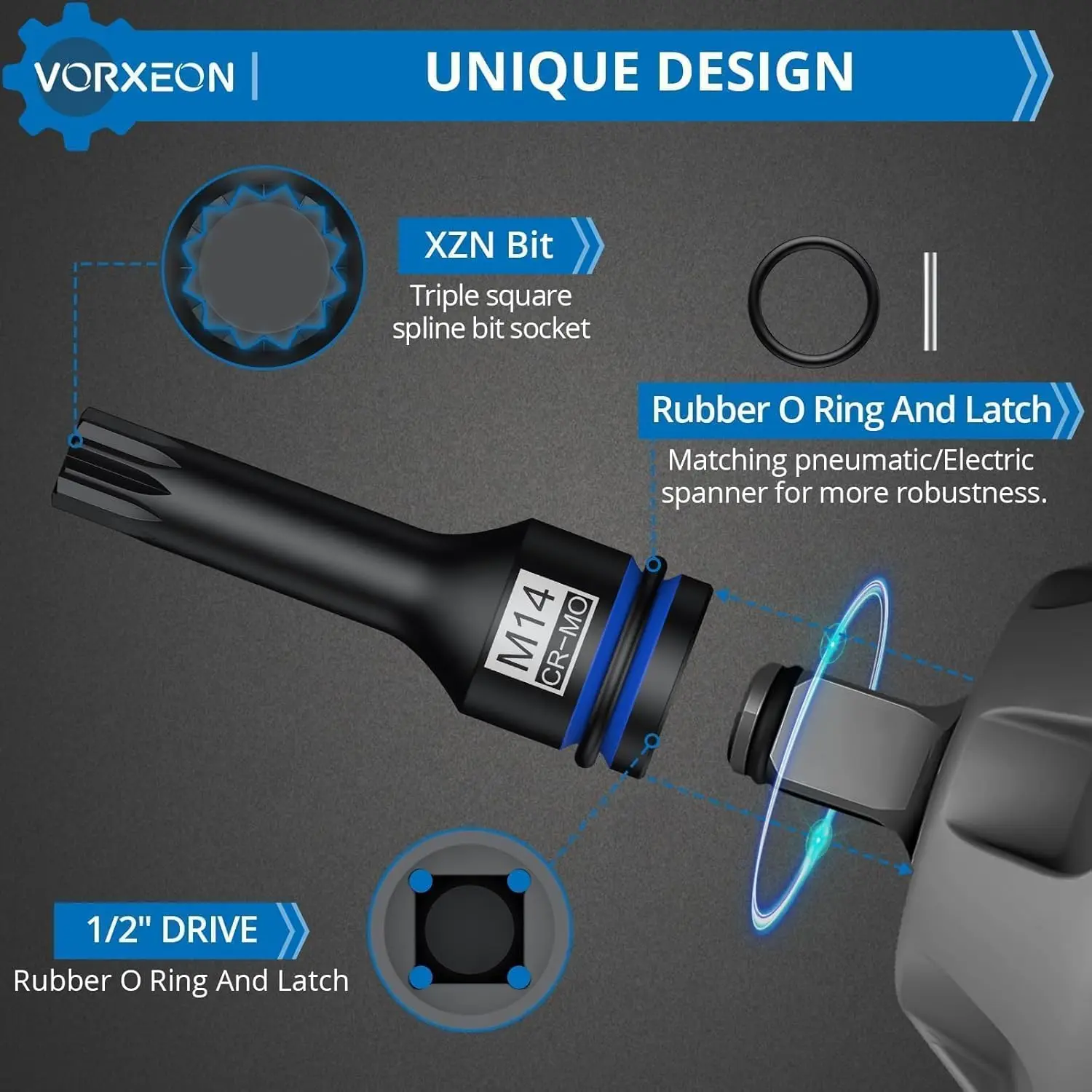 1/2 "محرك ثلاثي مربع سبلاين تأثير بت مآخذ مجموعات طويلة وقصيرة، 6 قطع XZN المقبس 42 Cr-Mo M14 M16 M18