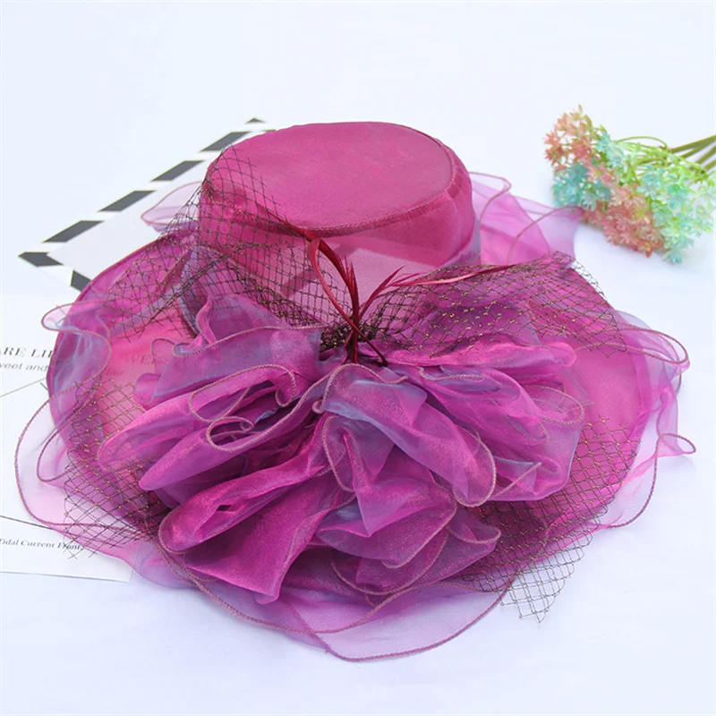 Big Organza Flower Sun Hats for Women, Beach Holiday Wide Brim Tea Party Hat Elegant Ladies Church Kentucky Derby Headwear