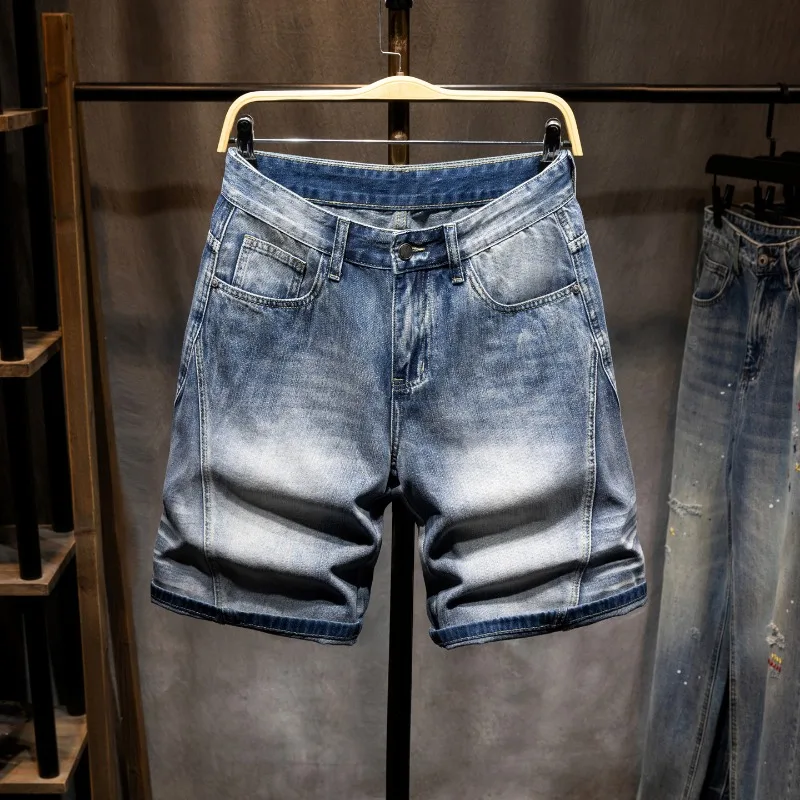 

American Street Y2K Thin Blue Denim Five Point Shorts Stretch Loose Korean Style 2026 Summer Casual Baggy Mens Mid Length Pants