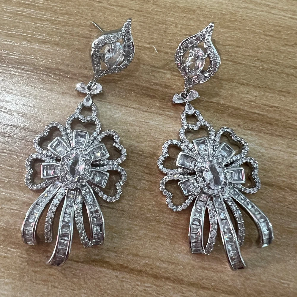 Vintage Cubic Zirconia Dangle Earrings for Women Statement Jewelry Large Bowknot Earrings Sparkly