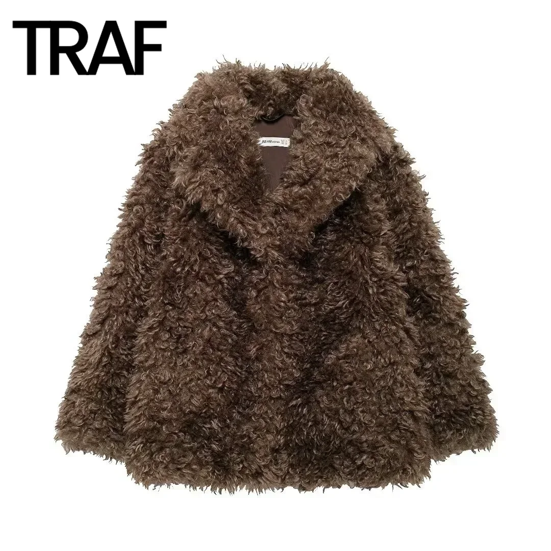 TRAF Faux Fur Overcoat for Women Fashion 2024 Winter New Melard Brown Retro Lapel Loose Fleece Thick Warm Long Jacket Coats