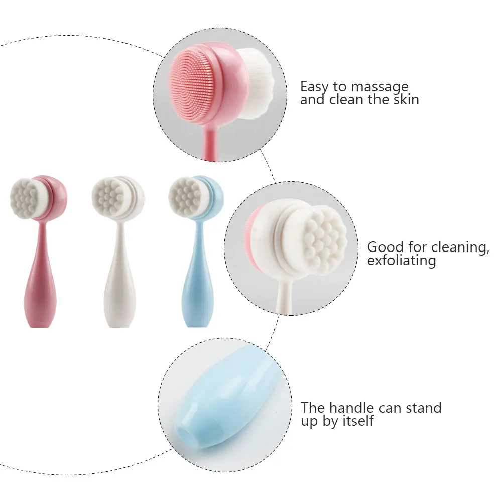

3 Pcs Face Brush Stand-up Handle Facial Cleansing Heads Bowling Manual Wash Silica Gel for Women Brushes