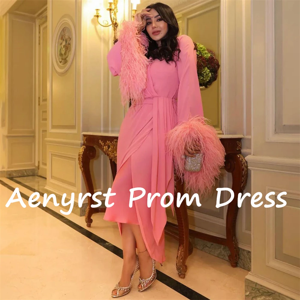 Aenyrst Pink V Neck Feathers Saudi Evening Dresses customized Long Sleeves Prom Party Dress Tea Length Formal Occasion Gowns