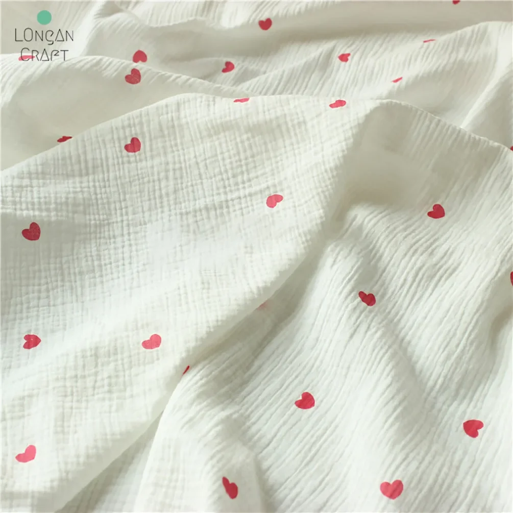 Longan Craft Supplies Soft Heart Print Cotton Sewing Fabric Crepe Double Layer Gauze Cloth Diy Towel Material