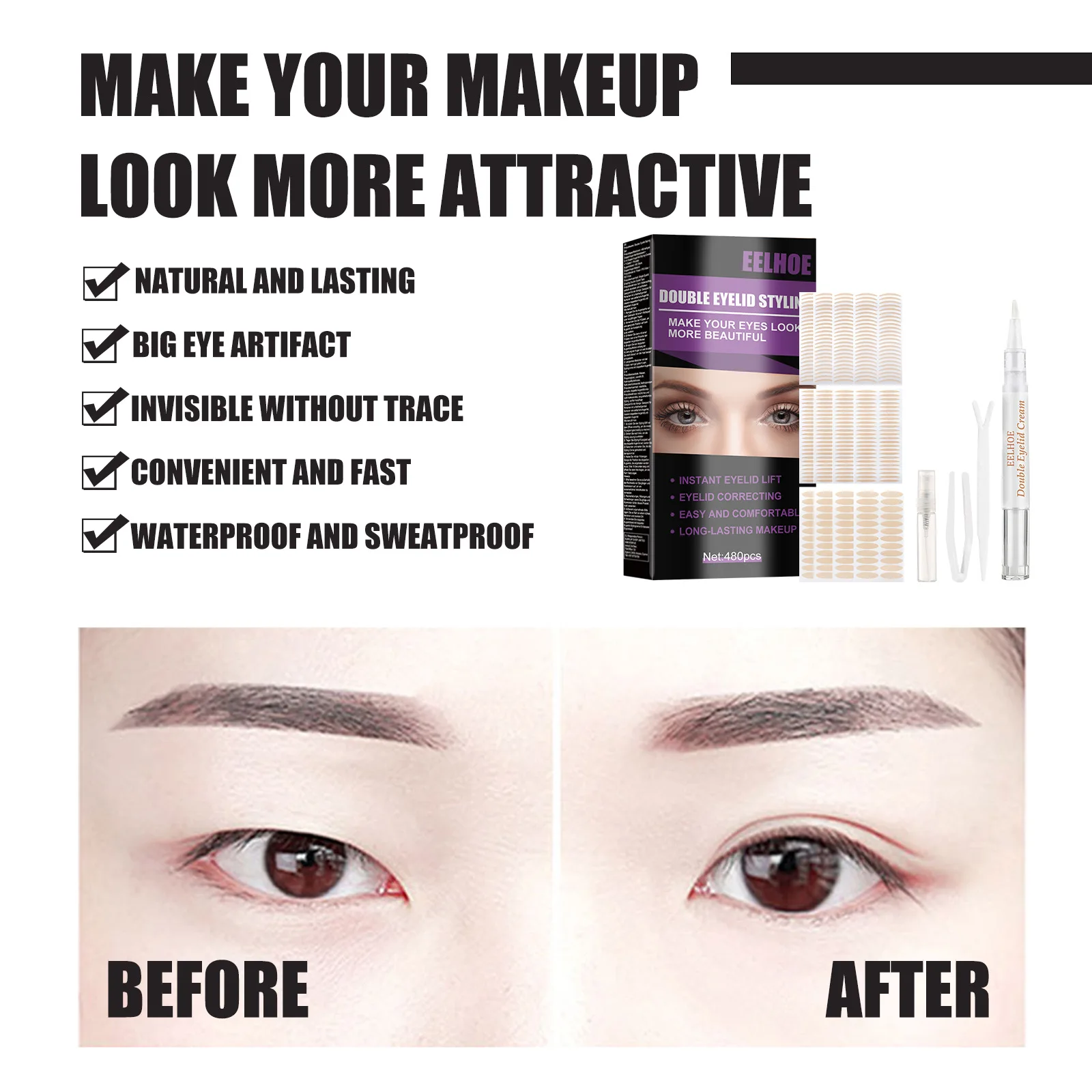 480pcs Eyelid Tape Sticker Invisible Double Fold Eyelid Lace Paste Beige Stripe Self-adhesive Makeup Tool Natural Eye Tape