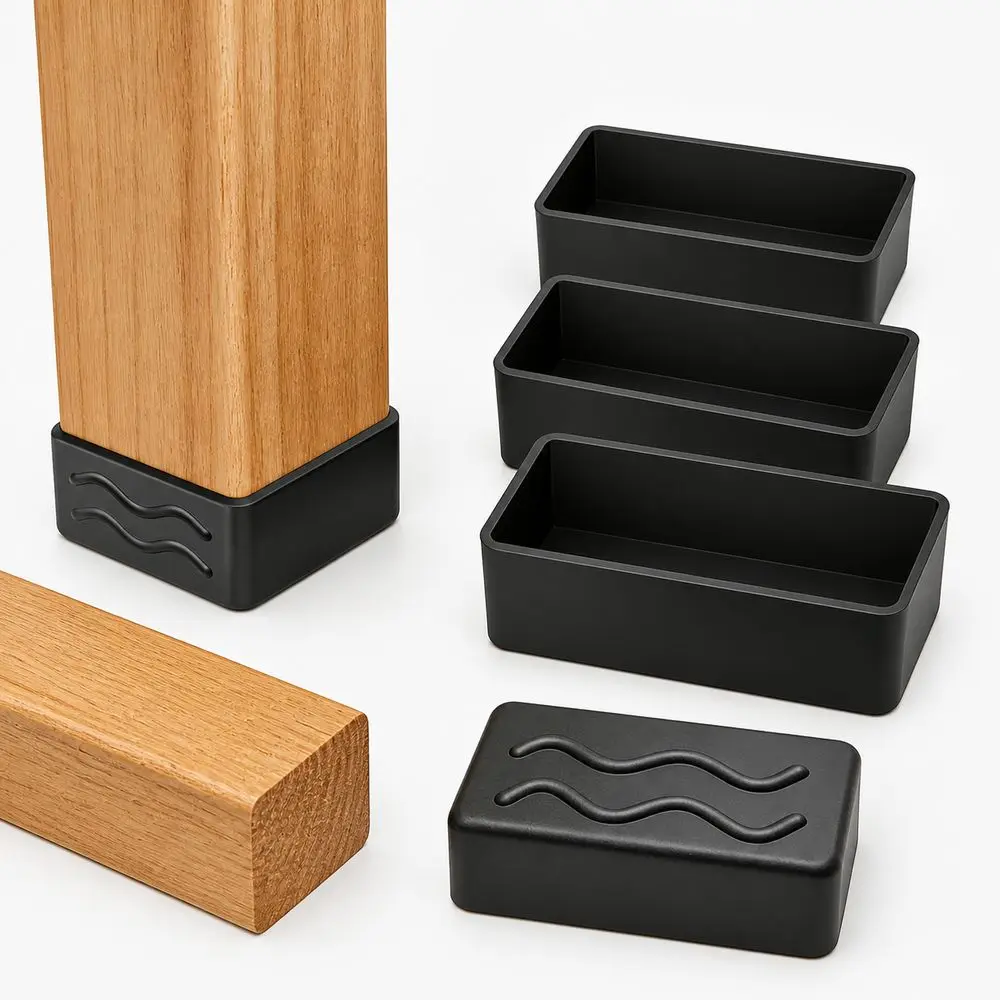 4PCS Rectangular Shape Furniture Leg Covers Textured Base Floor Protection Post End Caps Black Slip-On Structure