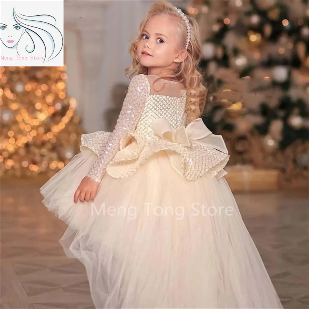 Tulle Puffy Flower Girl Dresses Sequin Top With Tailing Bow Long Sleeve For Wedding Birthday Party First Communion Gown