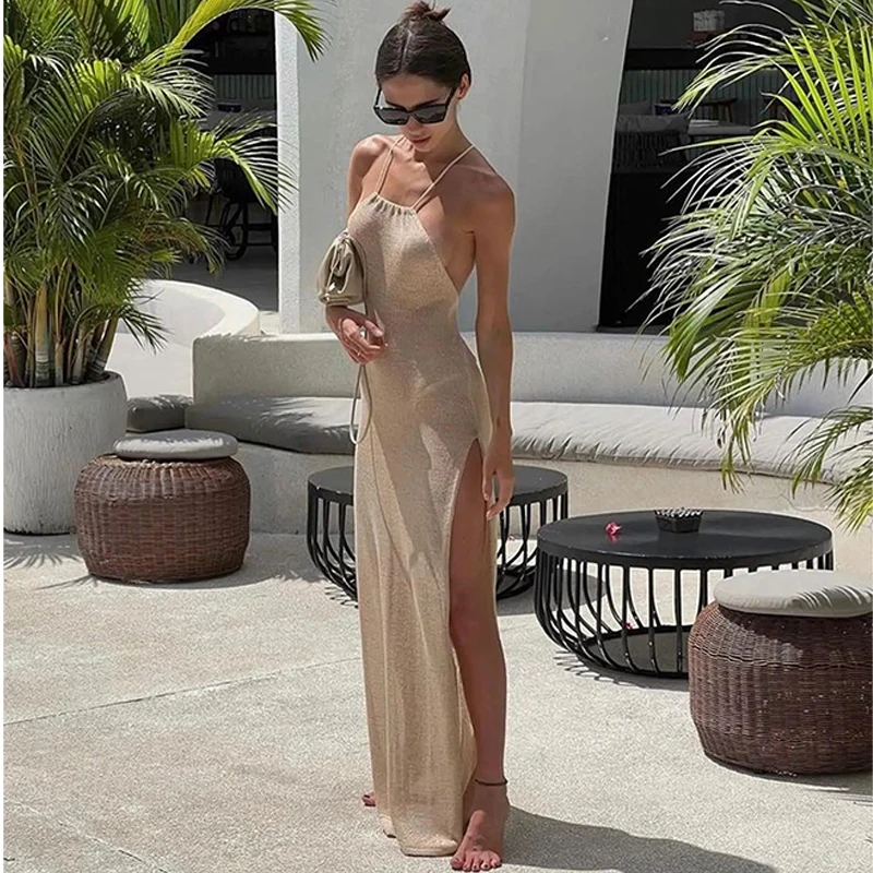 Kintted Cover Up 2024 Beachdress Sexy See Through Maxi Slit Bodycon Summer Dress Bikini Cover-ups Elegant Halter Outfits