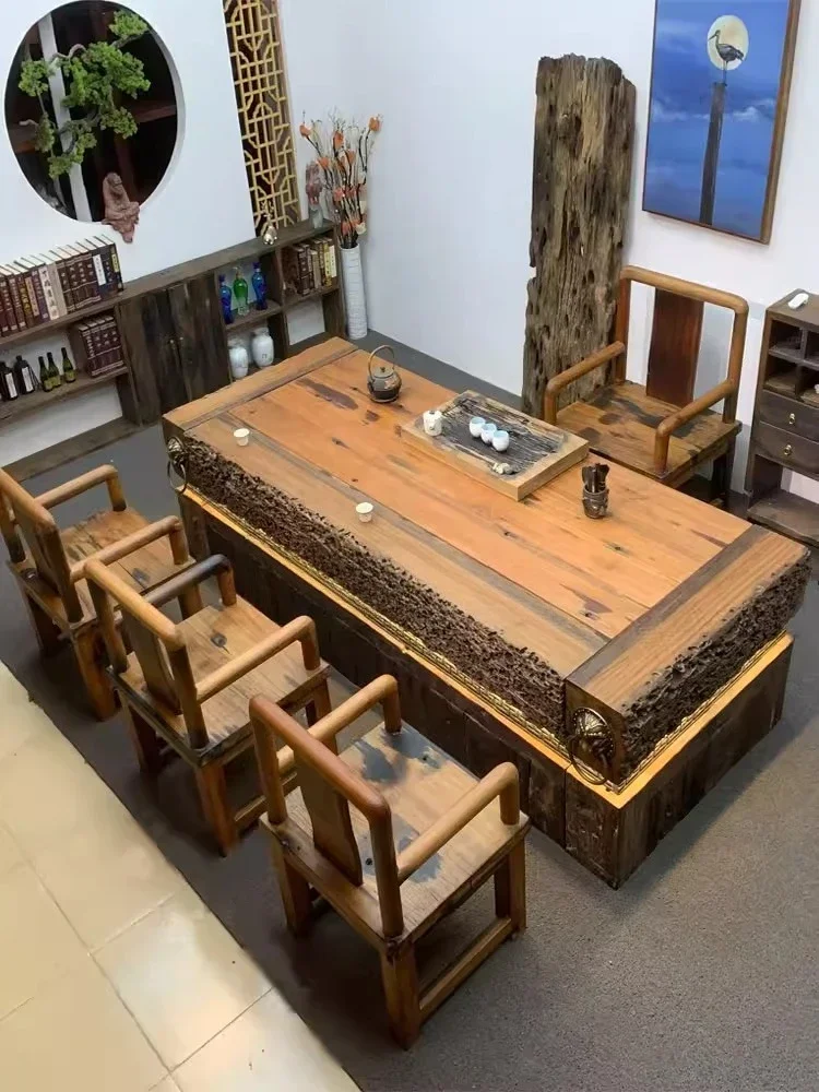 Old boat wood te a table and chair combination log dry brewing tea tabl e living room desk luxury solid
