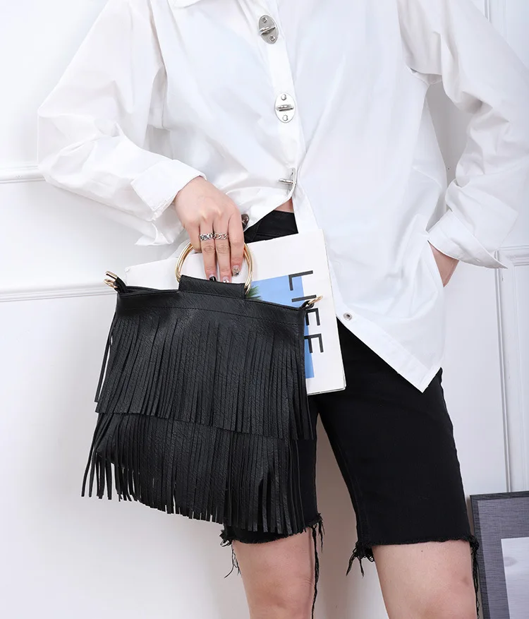 Fashion Leisure Iron Hand Bag Handbag Single Shoulder Crossbody Guangzhou Women\'s Bag Soft Leather Tassel Bag