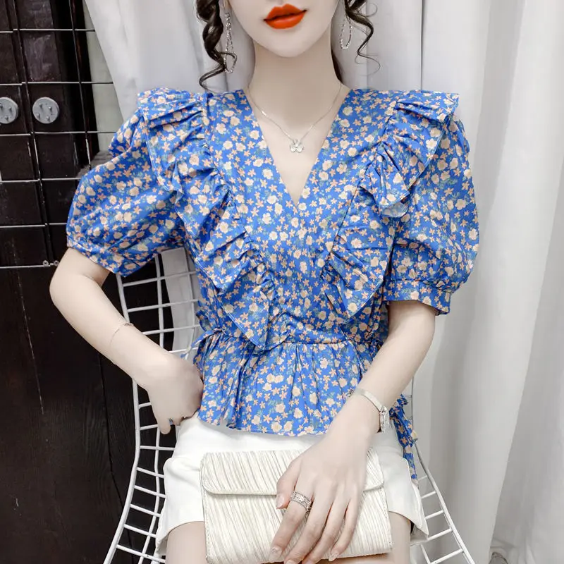 Office Lady Broken Flower Printed Shirt Summer New Elegant V-Neck Spliced Casual Ruffles Women\'s Clothing Slim Drawstring Blouse