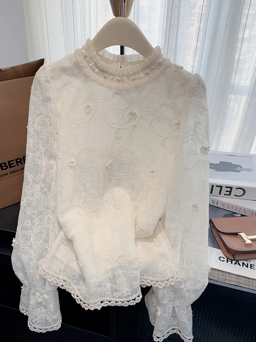 

Women's Lace Trim Base Layer irt Spring Fur Inner Wear oulder Bubble Sve irt Ci Walk Sweet Sle Loose Fit Long Sl...