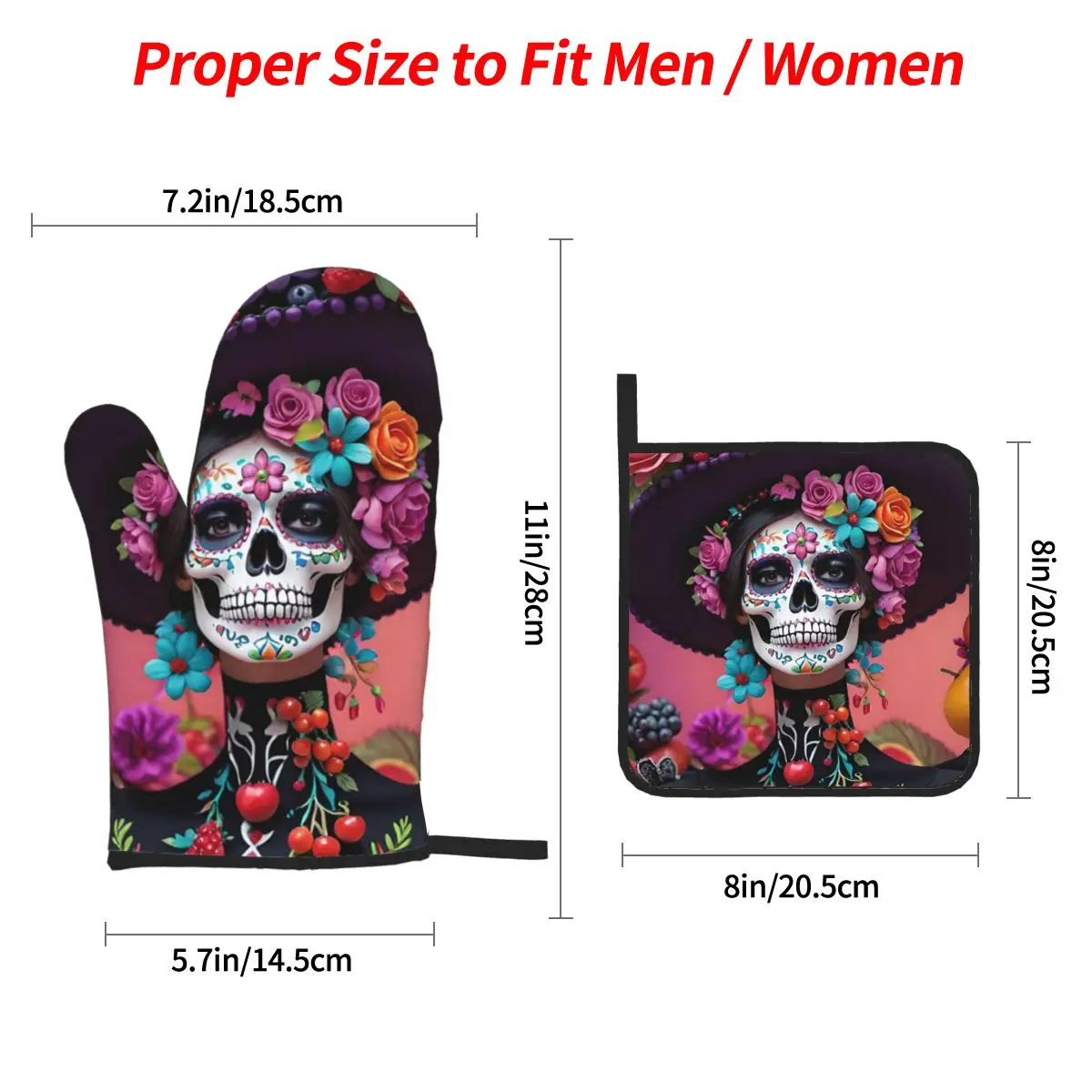 Day Of The Dead Sugar Skull Mexican Girl Oven Mitts and Pot Holder Sets of 4 for Baking Cooking BBQ Resistant Non-Slip Gloves
