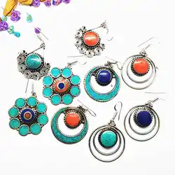 Indian Vintage Hand Earring Pair Lovely for Girls Many Designs Copper Inlay Colorful Stone E106