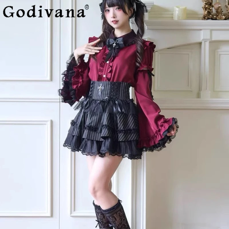 قميص لوليتا قوطي منتج كبير للنساء على الطراز الياباني بلوزات دانتيل يومية بأكمام طويلة قميص حلو