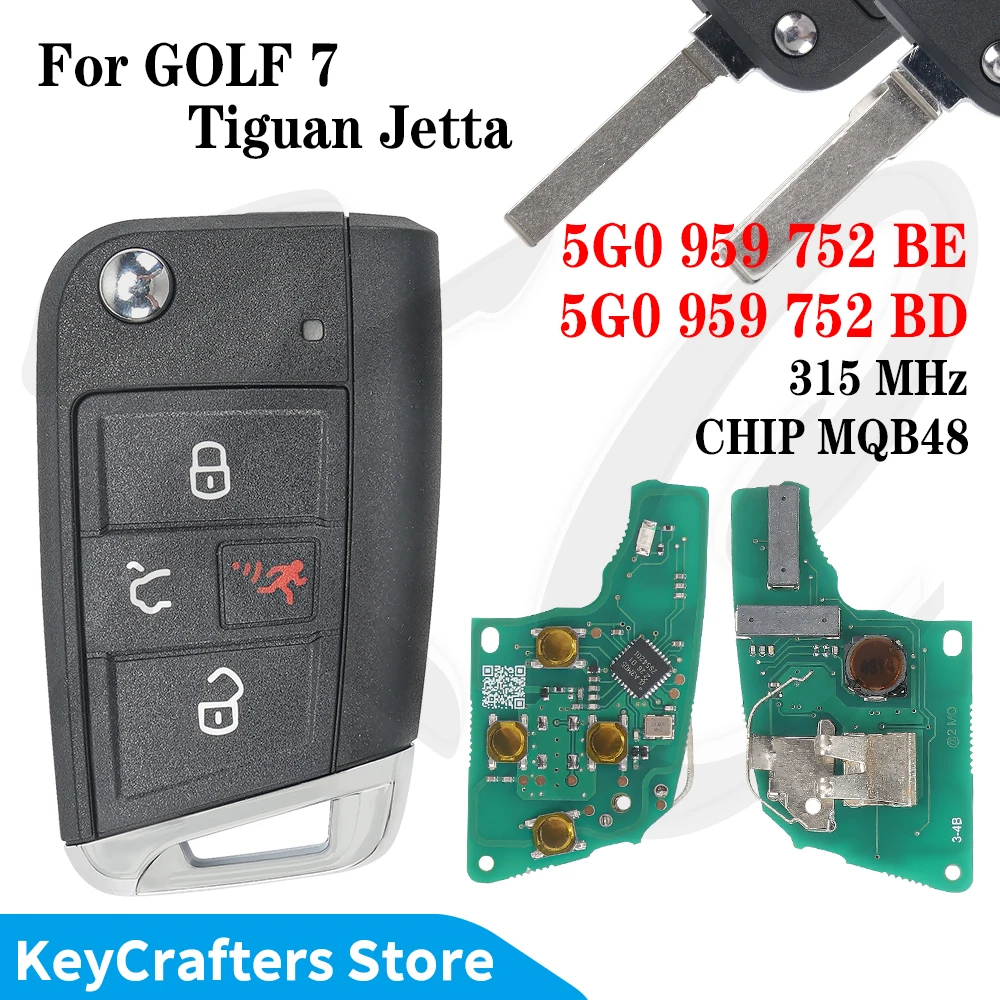 KC 4-przyciskowy pilot zdalnego sterowania MQB48 z chipem 315MHz, kluczyk samochodowy typu flip z ostrzem HU66/HU162t i przyciskiem paniki do VW Golf 7, Tiguan, Jetta 5G0959752BE