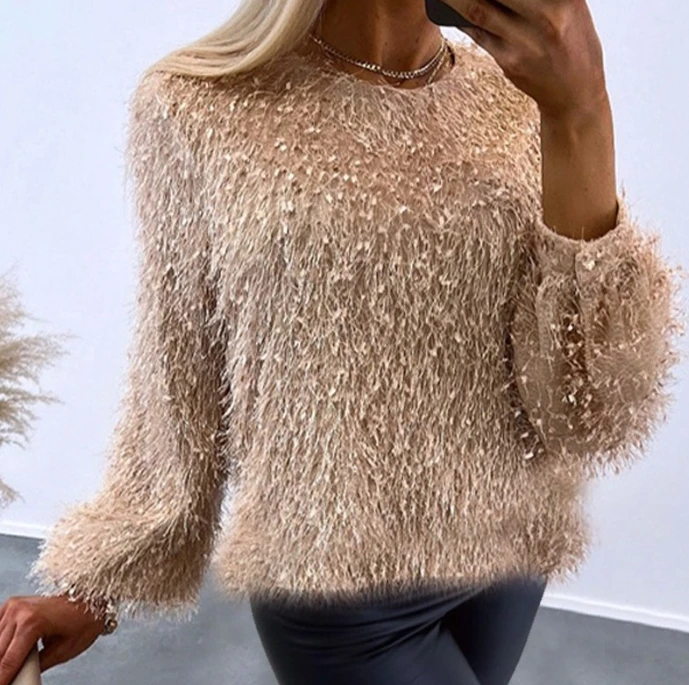 Round Neck Fur Tassel Long Sleeved Top, Fluffy Long Sleeved Warm Pullover, New Hot Selling Sweater for Women's Winter Wear