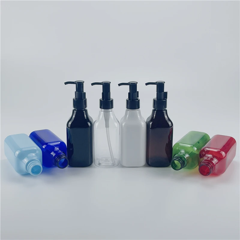 Multicolor 200ML X 25 Plastic Square Bottles With Essential oil Pump Massage Oil Cleaning Oil Packaging Cosmetics PET Containers