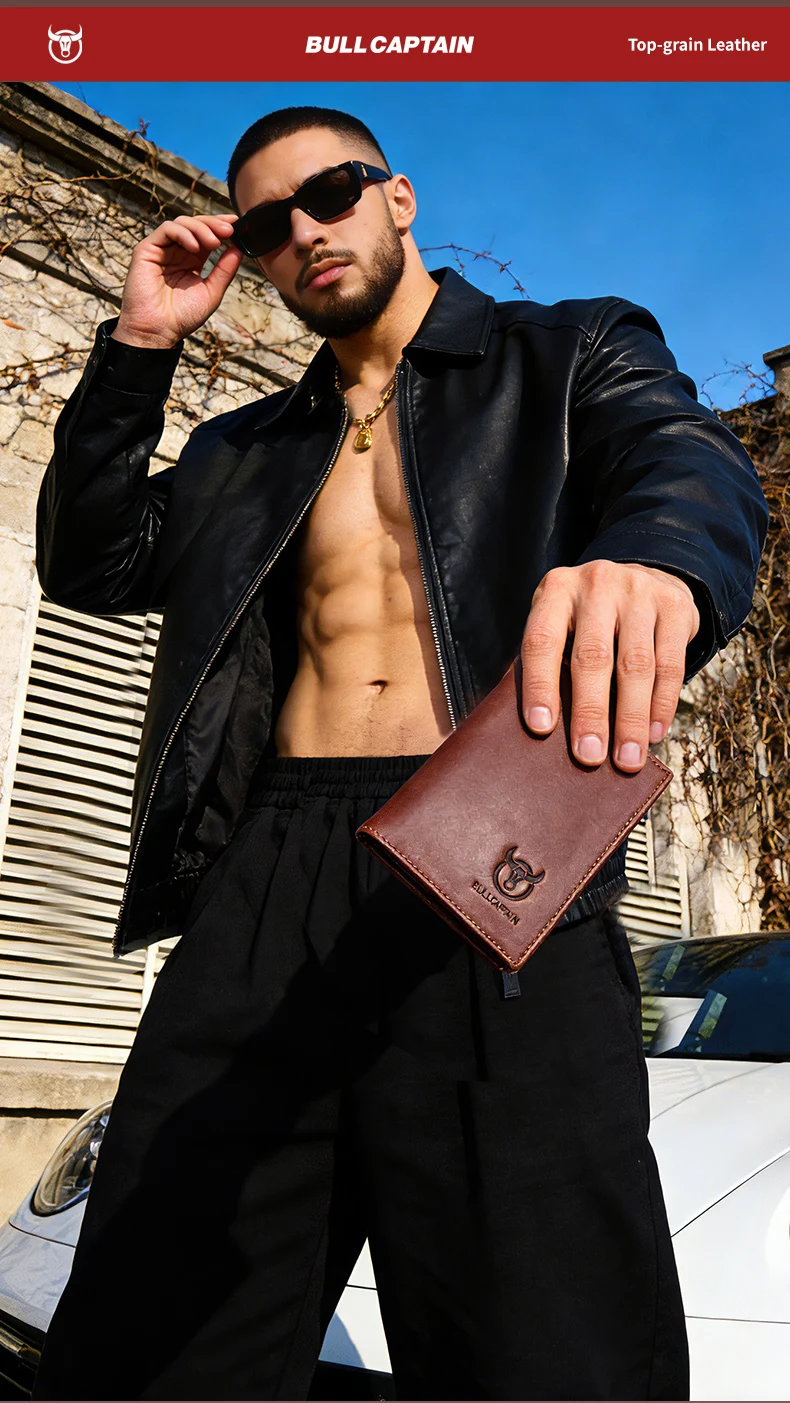 BULLCAPTAIN Bifold-Geldbörse aus echtem Leder mit großem Fassungsvermögen, Kreditkartenetui für Herren mit 15 Kartenfächern, RFID-Geldbörse – Detail 8