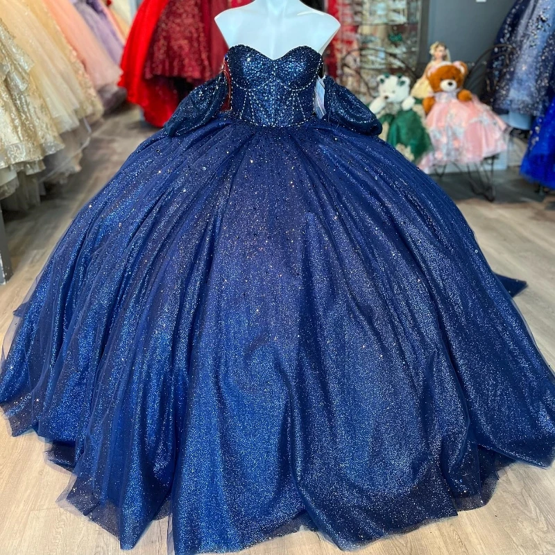 

Navy Blue Shiny Quinceanera Dresses Ball Gown Off Shoulder Sweet 16 Dress Beads Crystal Celebrity Party Gowns Graduation