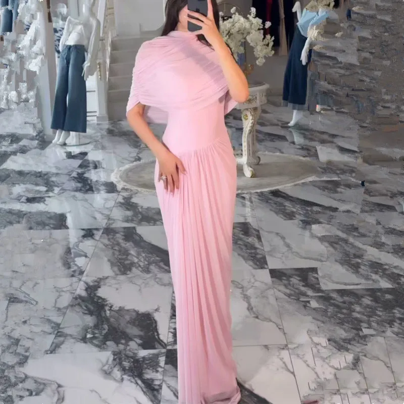 Elegante zomer onregelmatige sjaal ruches maxi-jurk dames slanke hoge taille lange jurk vrouwelijke avondclub feestjurken