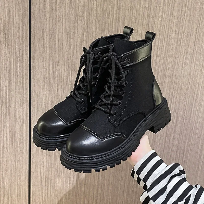 

White Ankle Boots for Women Lace-Up Pu+Canvas Platform Short Boots Woman Comfortable Non-Slip Combat Botas