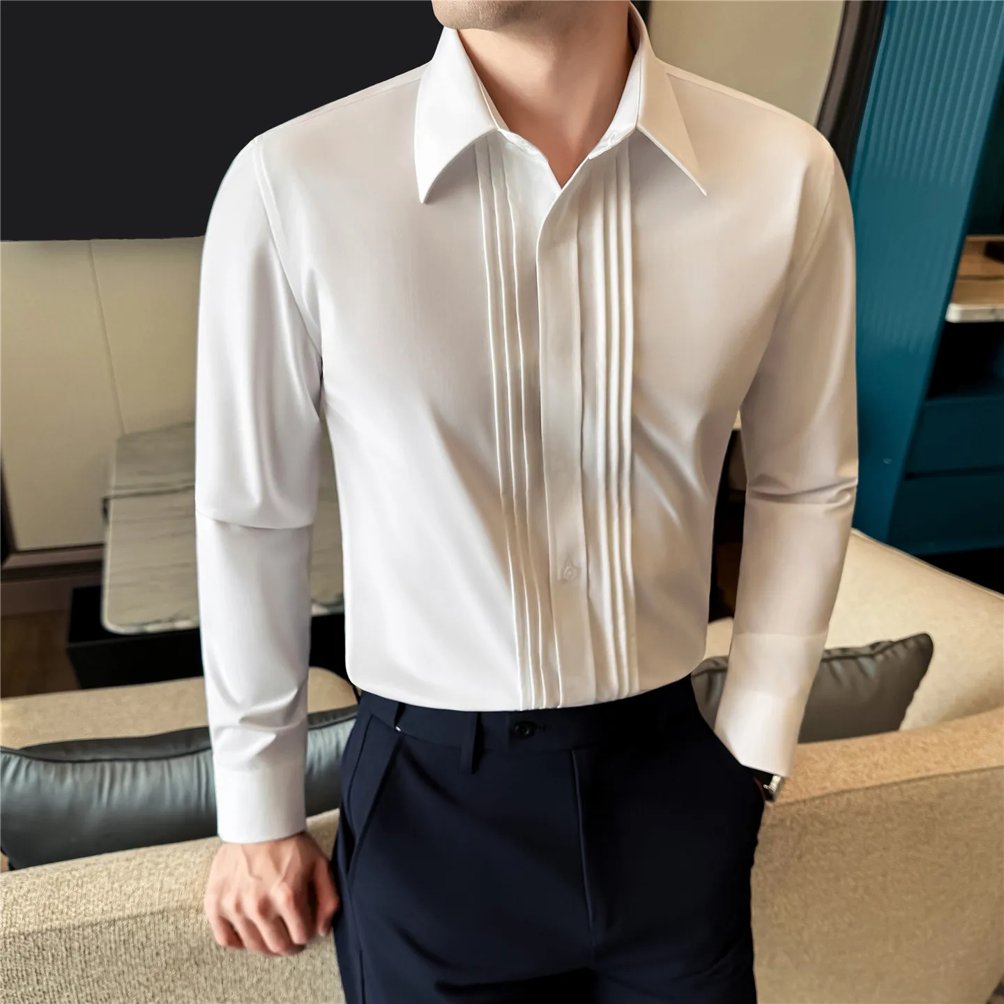 Spring Outfit with A High-end Feel Big Pointed Collar Shirt Men's Long Sleeved Pleated Design Business Casual Shirt Tailcoat