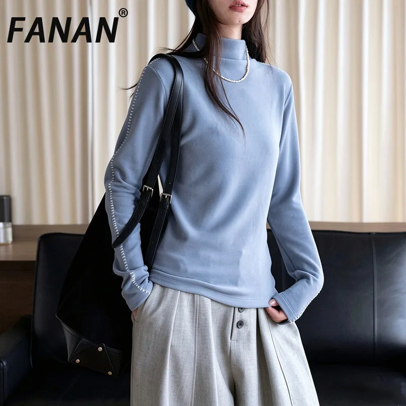 FANAN Minimalist Half High Neck Knit Tops Women Sleeve Stitch Detail Slim Fit Soft Warm Long Sleeve Daily Layering Tees Winter