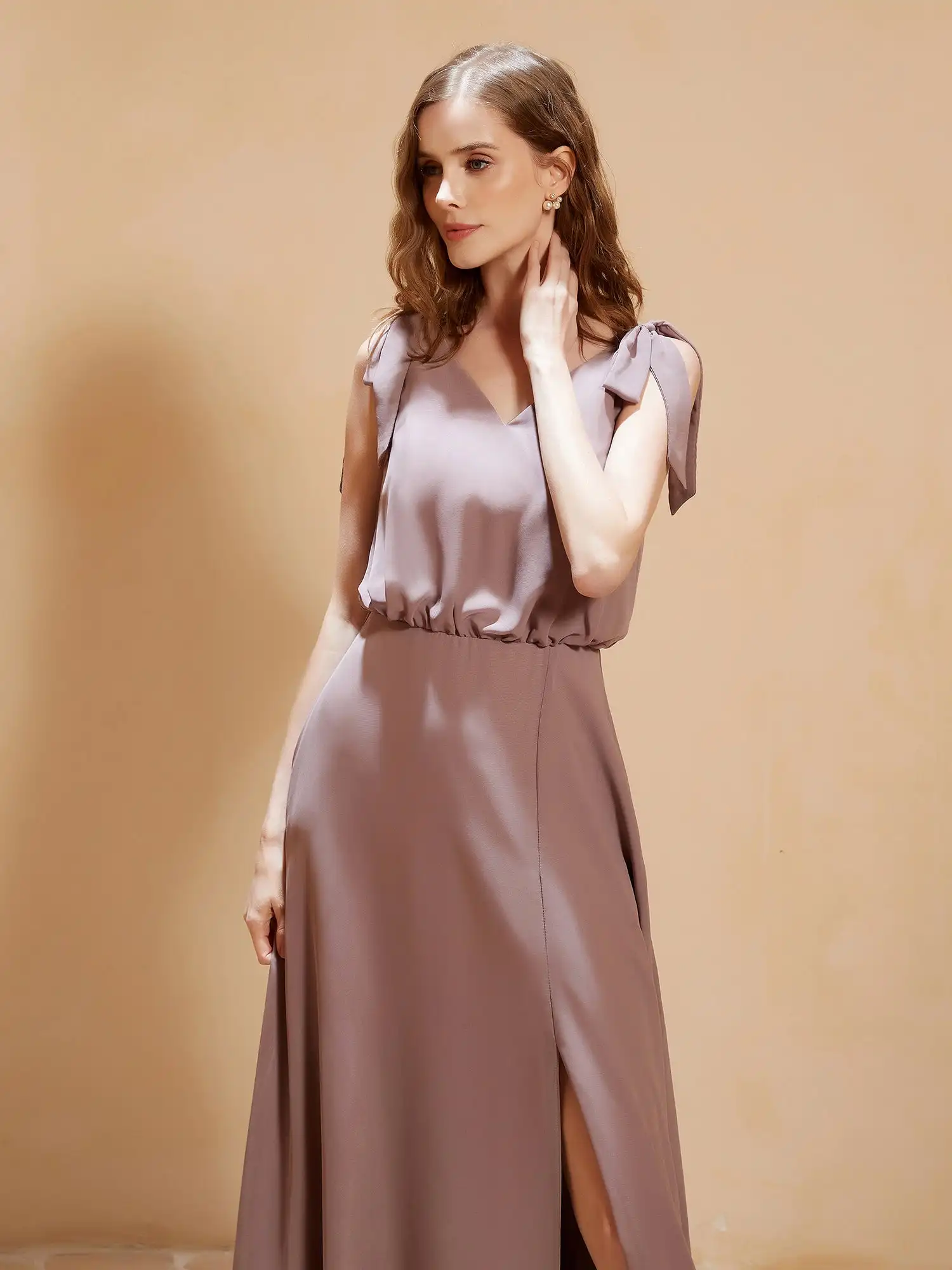 Classic V-Neck Floor-Length Chiffon Bridesmaid Dress With Silt  Wedding Cocktail Dresses With Pleated Backless Evening Gowns