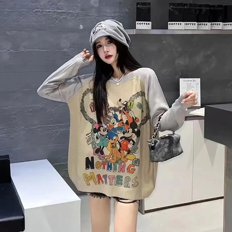 2025 New Arrival Women's Disney Multi-Character Graphic Knitted Sweater - Colorblock Sleeves Oversized Edgy Casual Fall Top