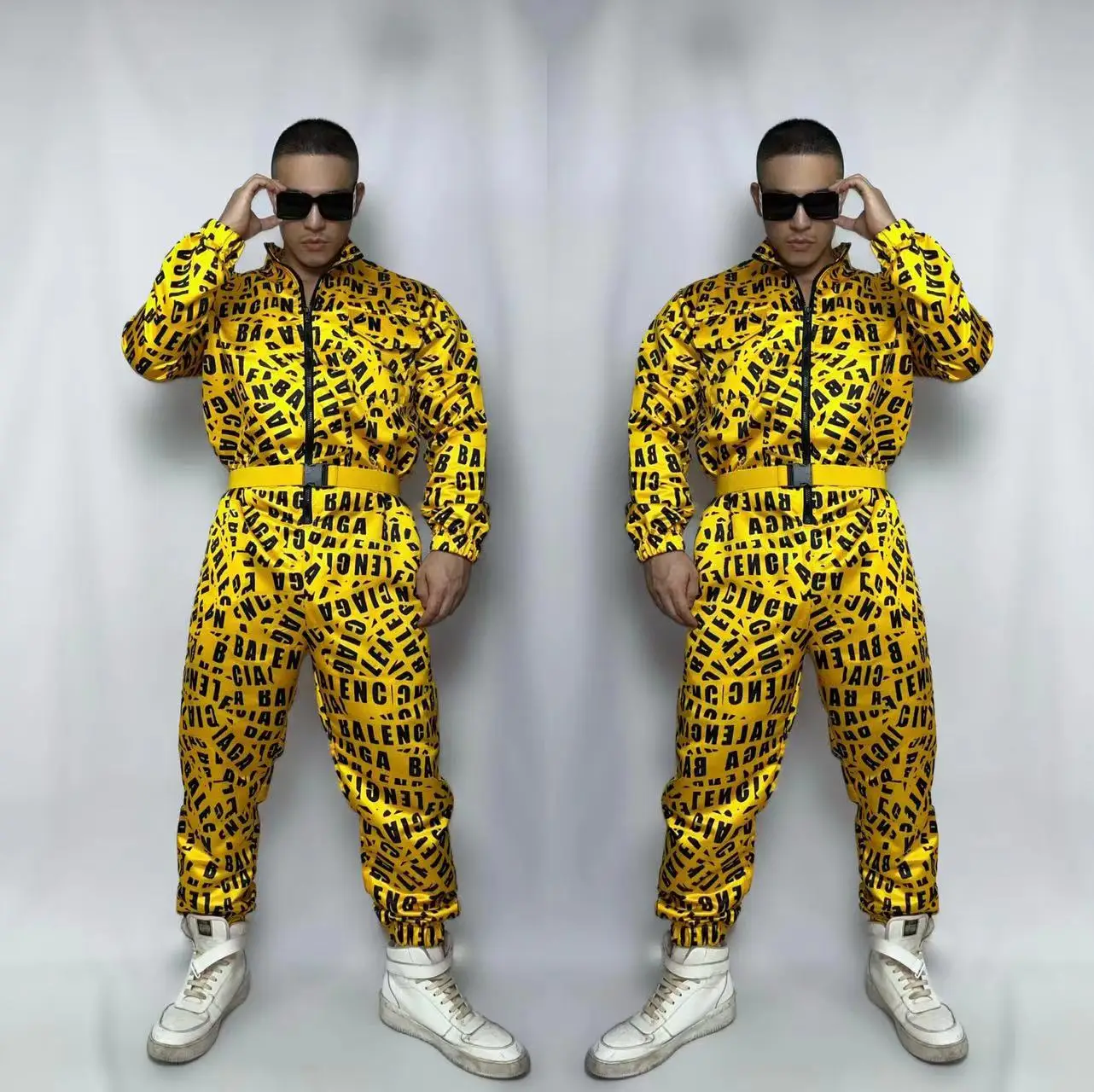 Hip Hop Jazz Dance Costume Yellow Letter Printed Jumpsuit Zipper Overalls Men Stage Performance Wear Nightclub Gogo Rave Outfits