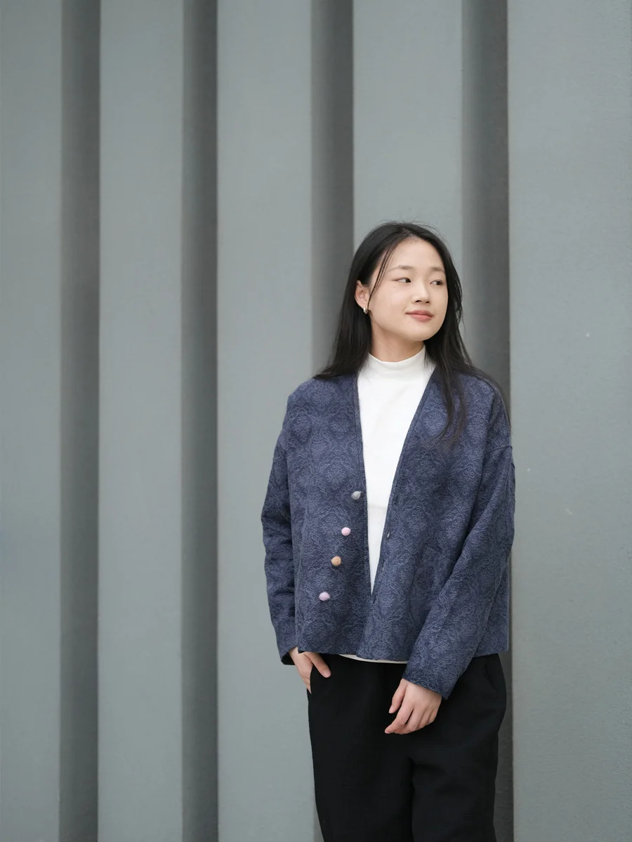 

Loose Heavy Cotton Plant Dye ey Blue Autumn Outerwear Open Cardigan Embroidered Svel V-ne Button Closure Straight Cut
