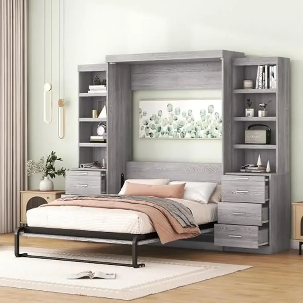 Full Size Murphy Bed Storage Cabinet Drawers Solid Wood Platform Wall Guest Room Organizer Shelf Holder Rustic Grey Wood Bed