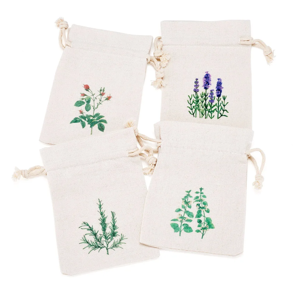 

8pcs Plant Pattern Cotton Linen Bag Rectangle Leaf Print Drawstring Storage Bag Jewelry Packing Supplies 13.2-13.7x9.2-9.6x0.1cm