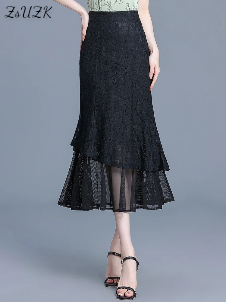 

ZUZK Lace Mermaid Skirt Back Elastic Waist Summer Lace Patchwork Mermaid Black Skirt Slim Female All-match Black Skirt