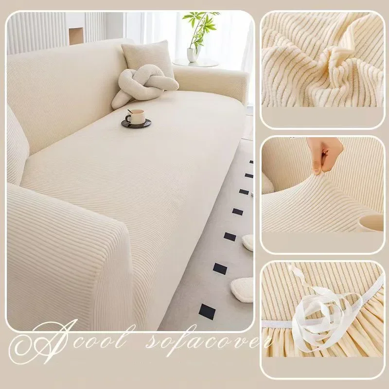 Hoge elasticiteit Polar Fleece bankhoes Vier seizoenen dunne streep All-inclusive fauteuilbeschermer Stevige bankhoezen voor de woonkamer