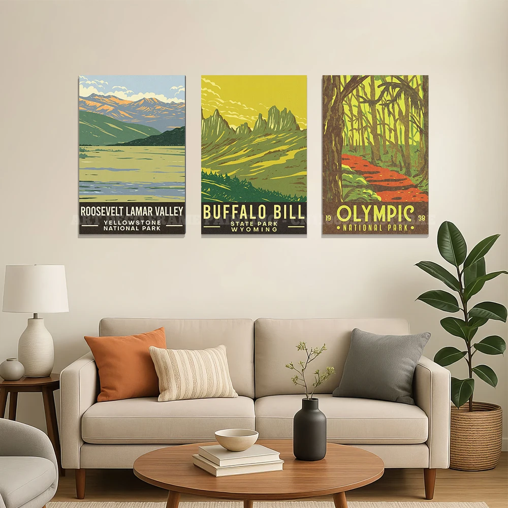 Roosevelt Lodge Vintage Nature Wall Sticker, National Park Waterfall Self Adhesive Decal, Retro Wilderness Art for Wall Decor