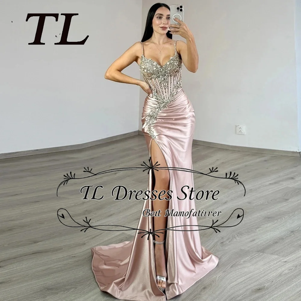 TL Modern  Fancy Trumpet Prom Dresses 2025 Woman with Rhinestones Spaghetti Straps High Slit Pleat Robes De Soiree Customized